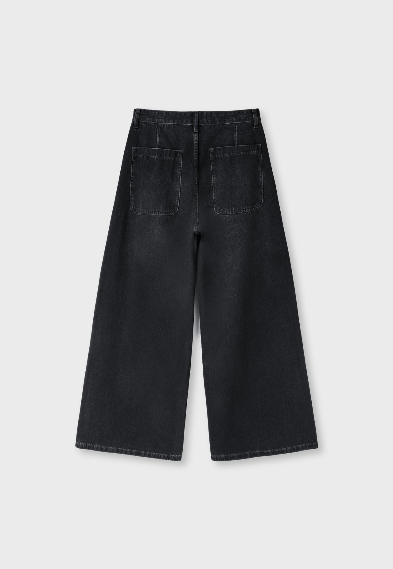 Wide-leg pleated jeans — BLACK DENIM WASHED EFFECT