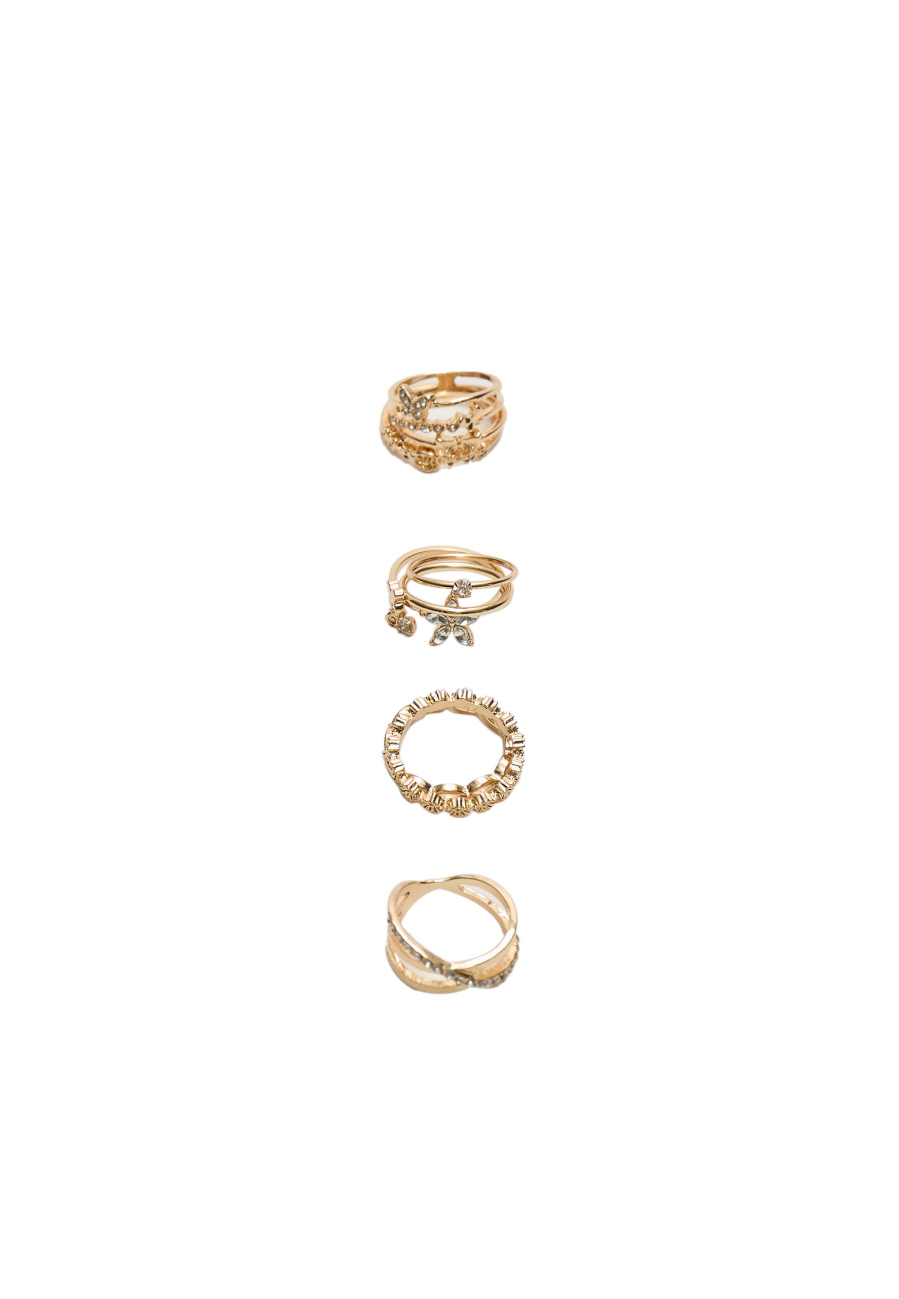 Set of 9 butterfly and rhinestone rings — Gold