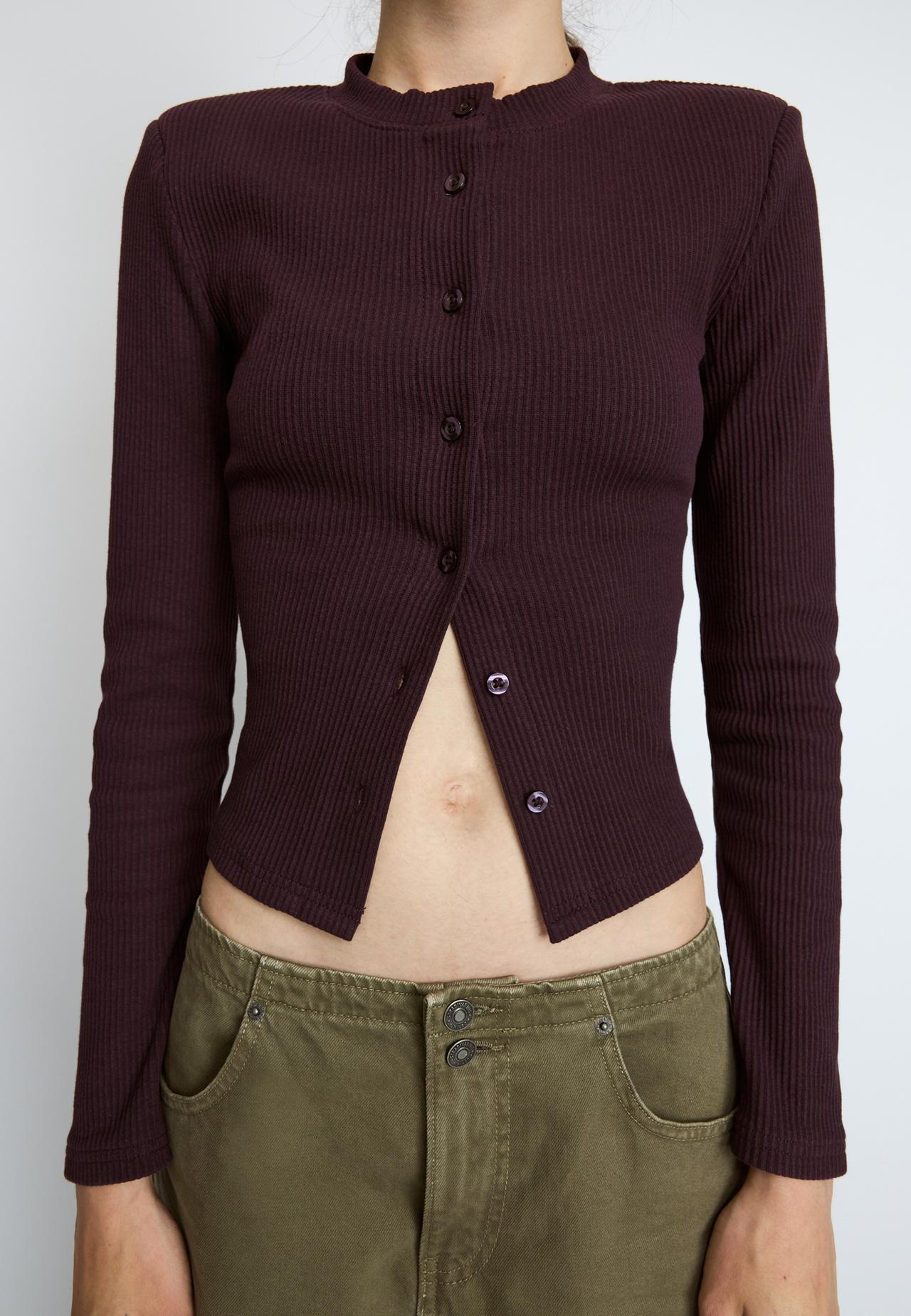 Knit cardigan with padded shoulders — AUBERGINE