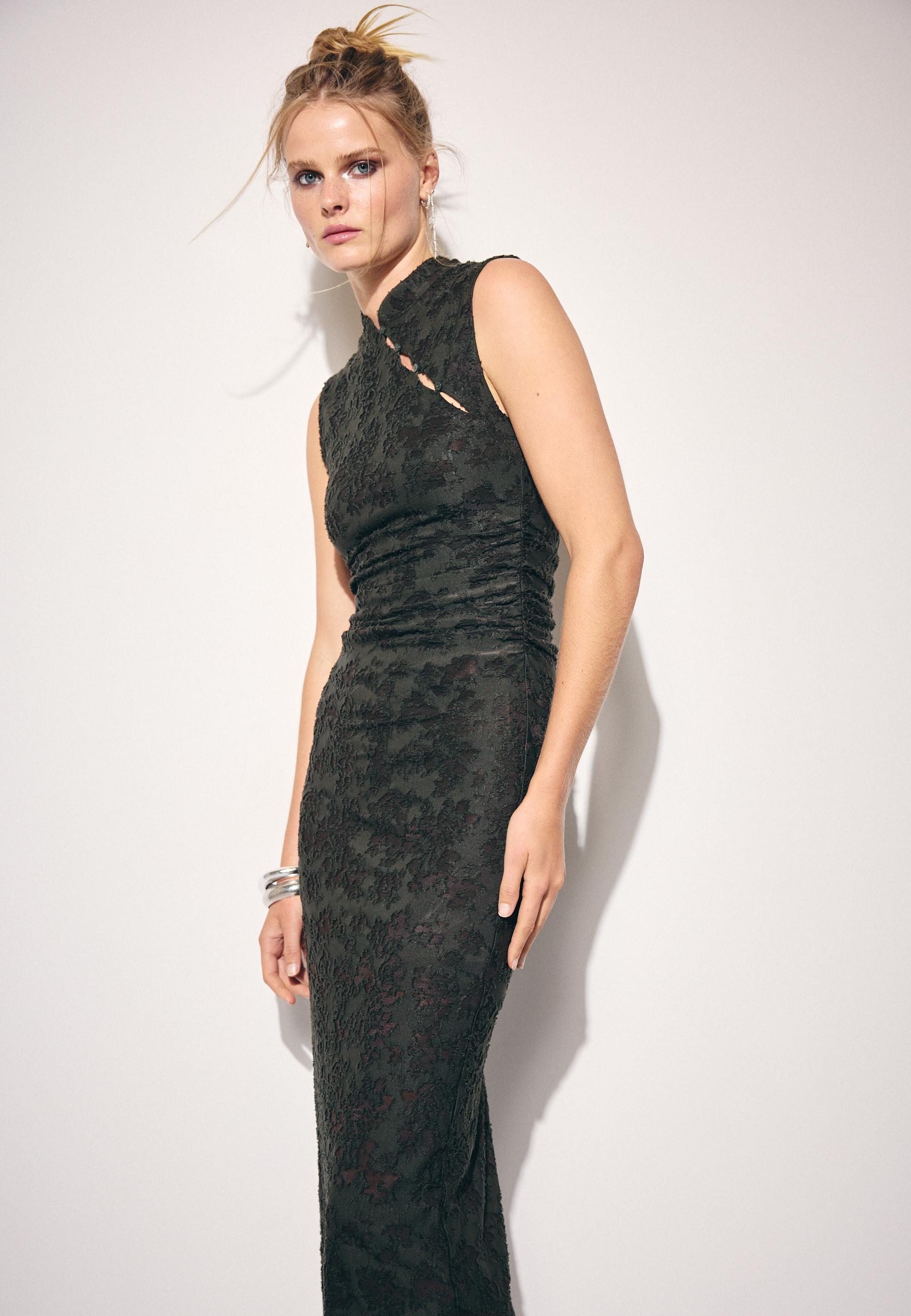 Sleeveless midi dress with stand collar — Khaki