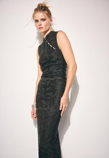 Sleeveless stand collar midi dress — Khaki 1