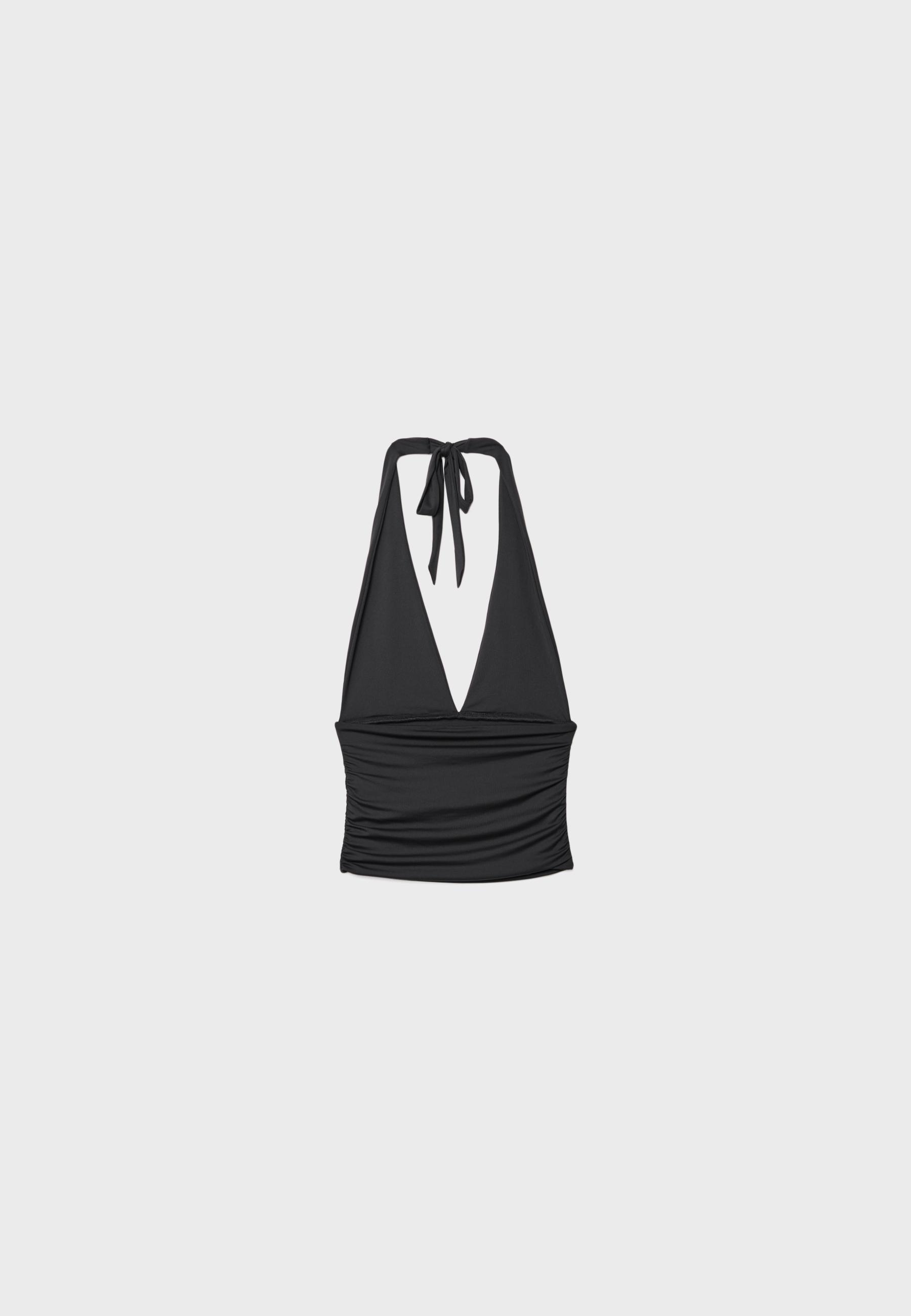 Ruched halter top with neck tie — Black