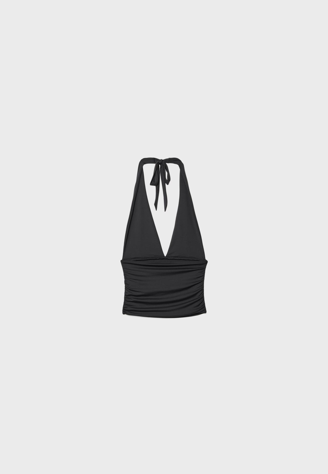 Ruched halter top with neck tie — Black