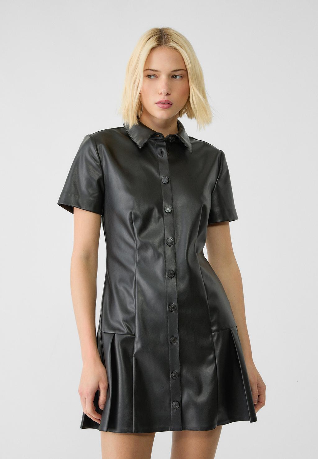 Short leather effect shirt dress with box pleats