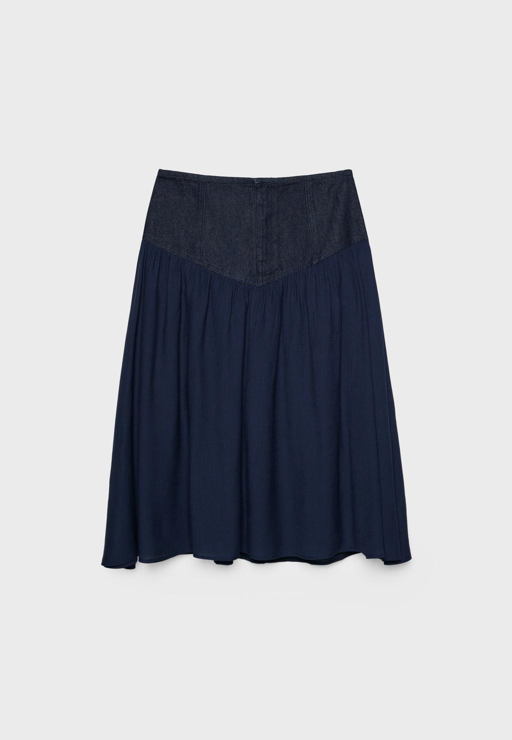 Denim midi skirt in two materials