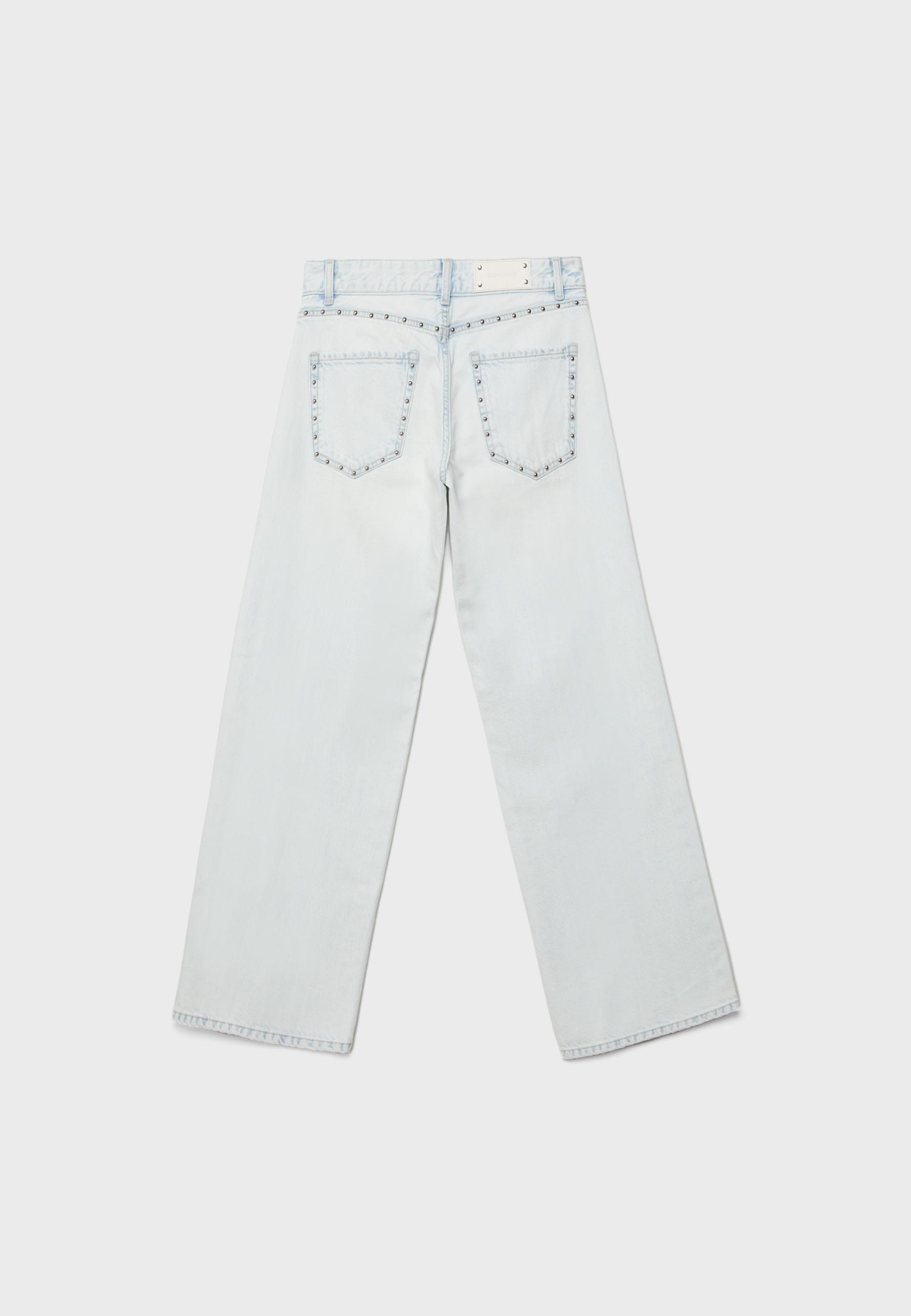 Wide-leg loose studded jeans — MEDIUM LIGHT BLUE DENIM