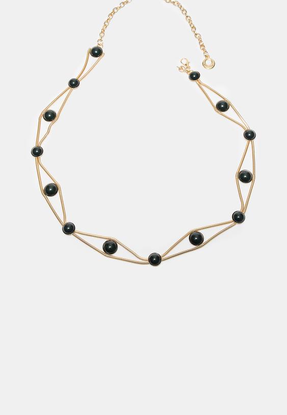 Stradivarius Double-Row Metal And Stone Belt Khaki M