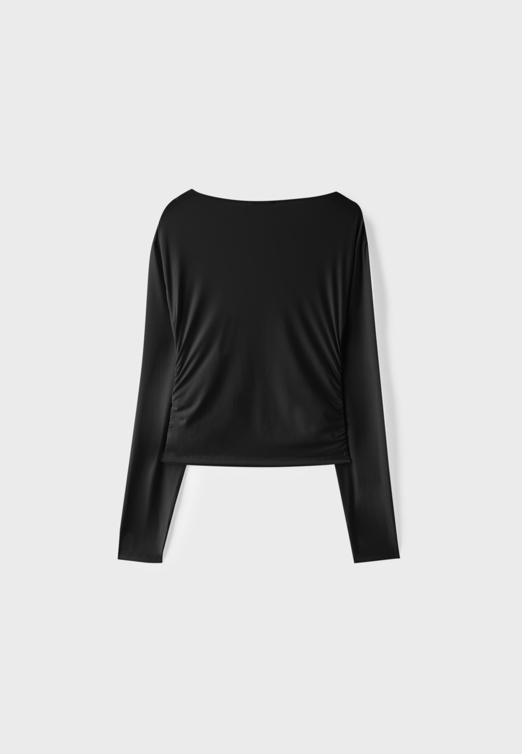 Long sleeve gathered polyamide T-shirt — Black