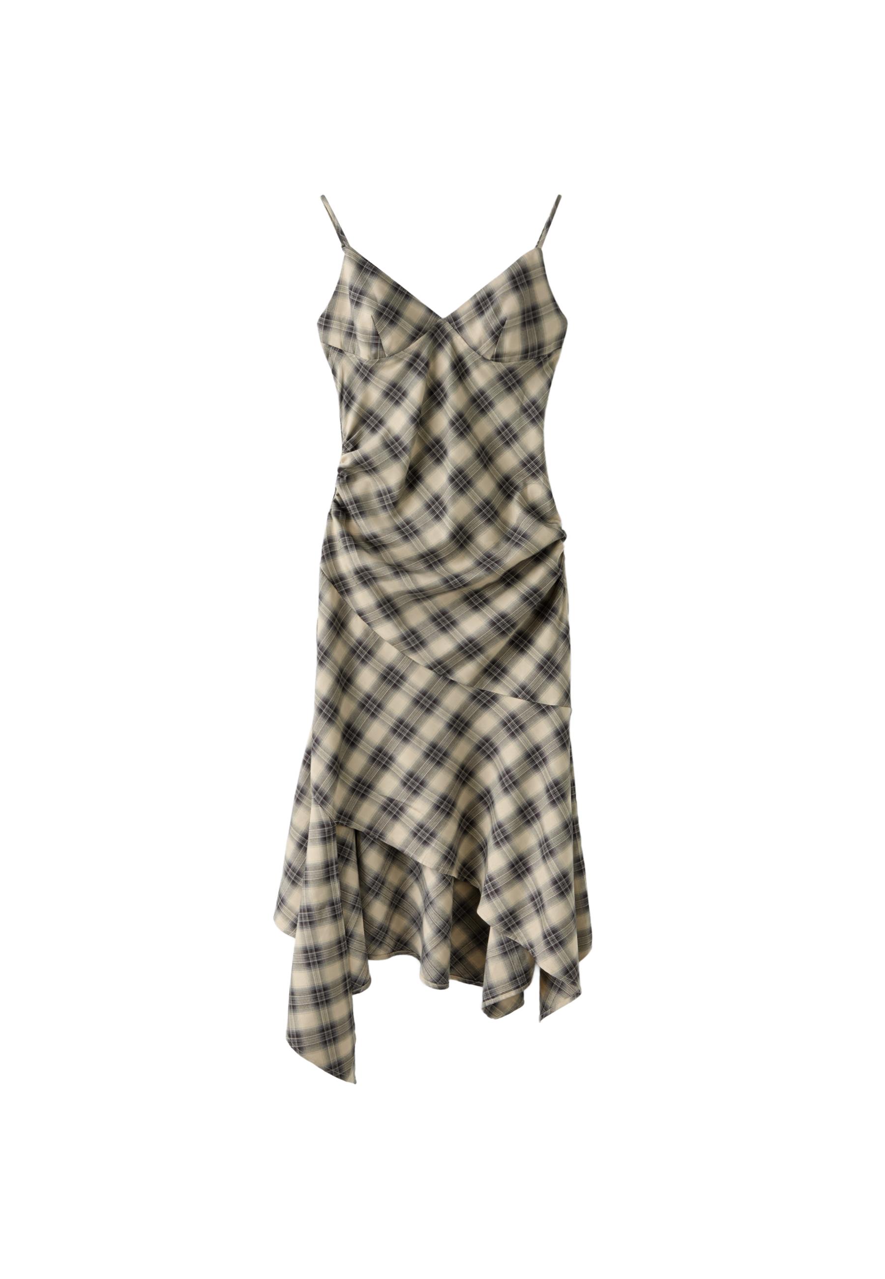 Asymmetric check print midi dress — Beige