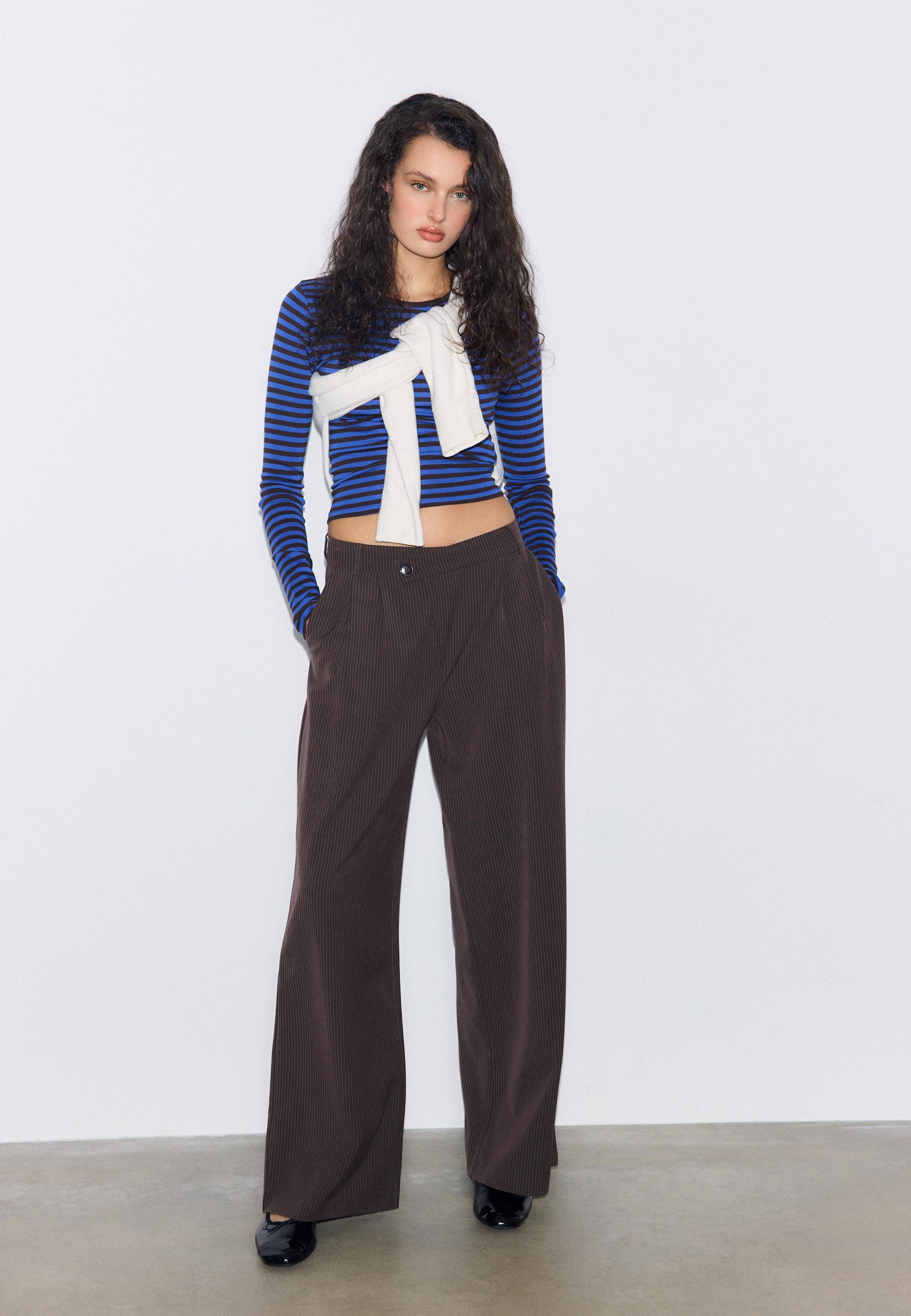 Stradivarius Μπλούζα Basic Βαμβακερή Με Ρίγες Και Μακρύ Μανίκι Μπλε Ελεκτρίκ L