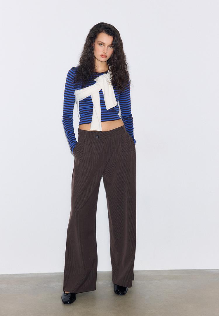 Stradivarius Μπλούζα Basic Βαμβακερή Με Ρίγες Και Μακρύ Μανίκι Μπλε Ελεκτρίκ Xs