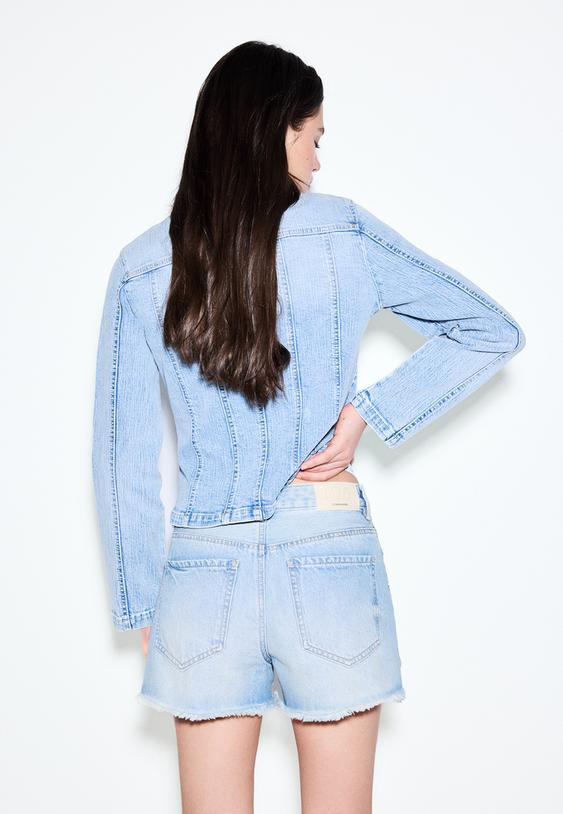 Stradivarius D75 Ripped Denim Shorts Overdyed Blue Denim 12