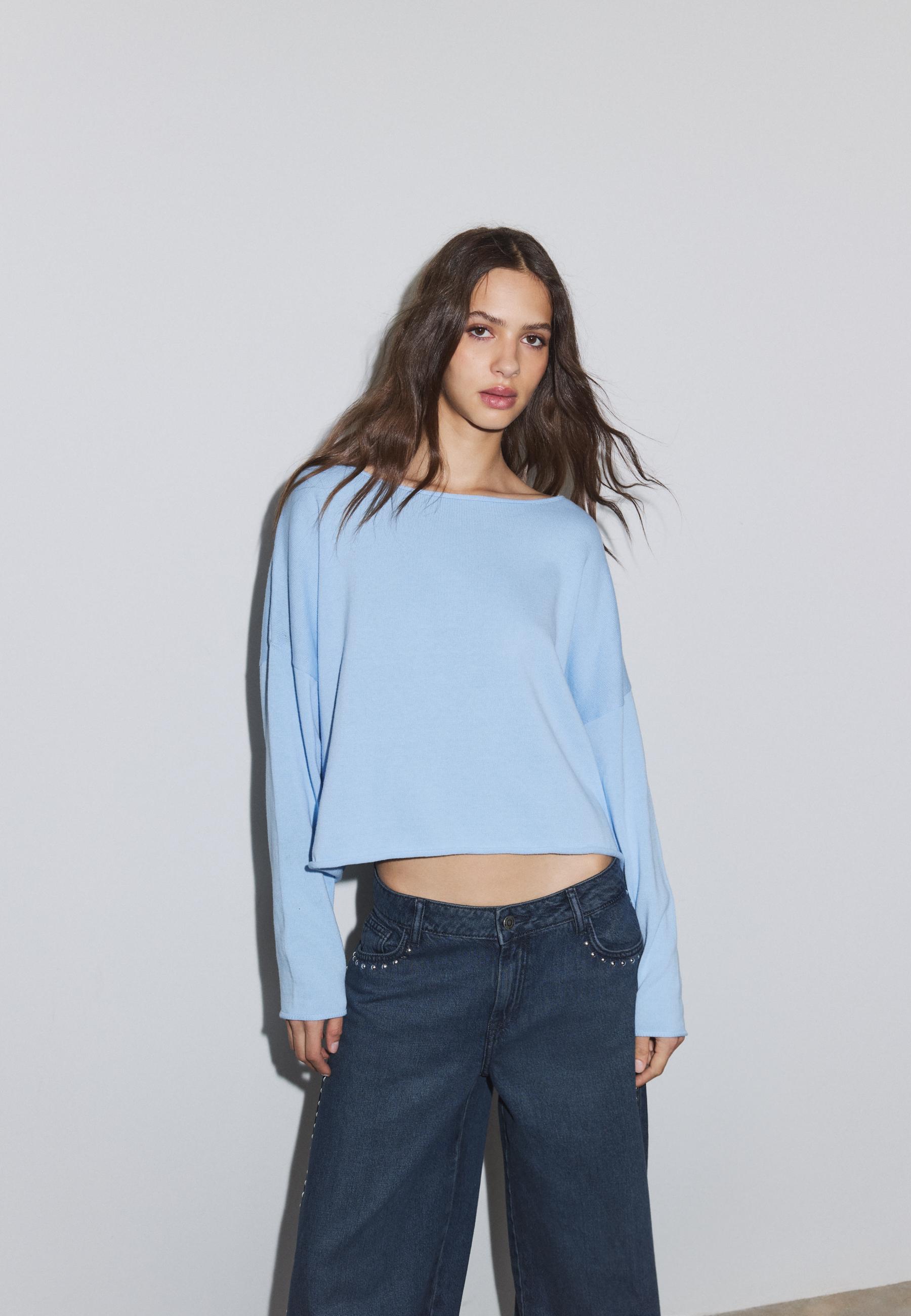Boat neck cropped sweater — Sky blue