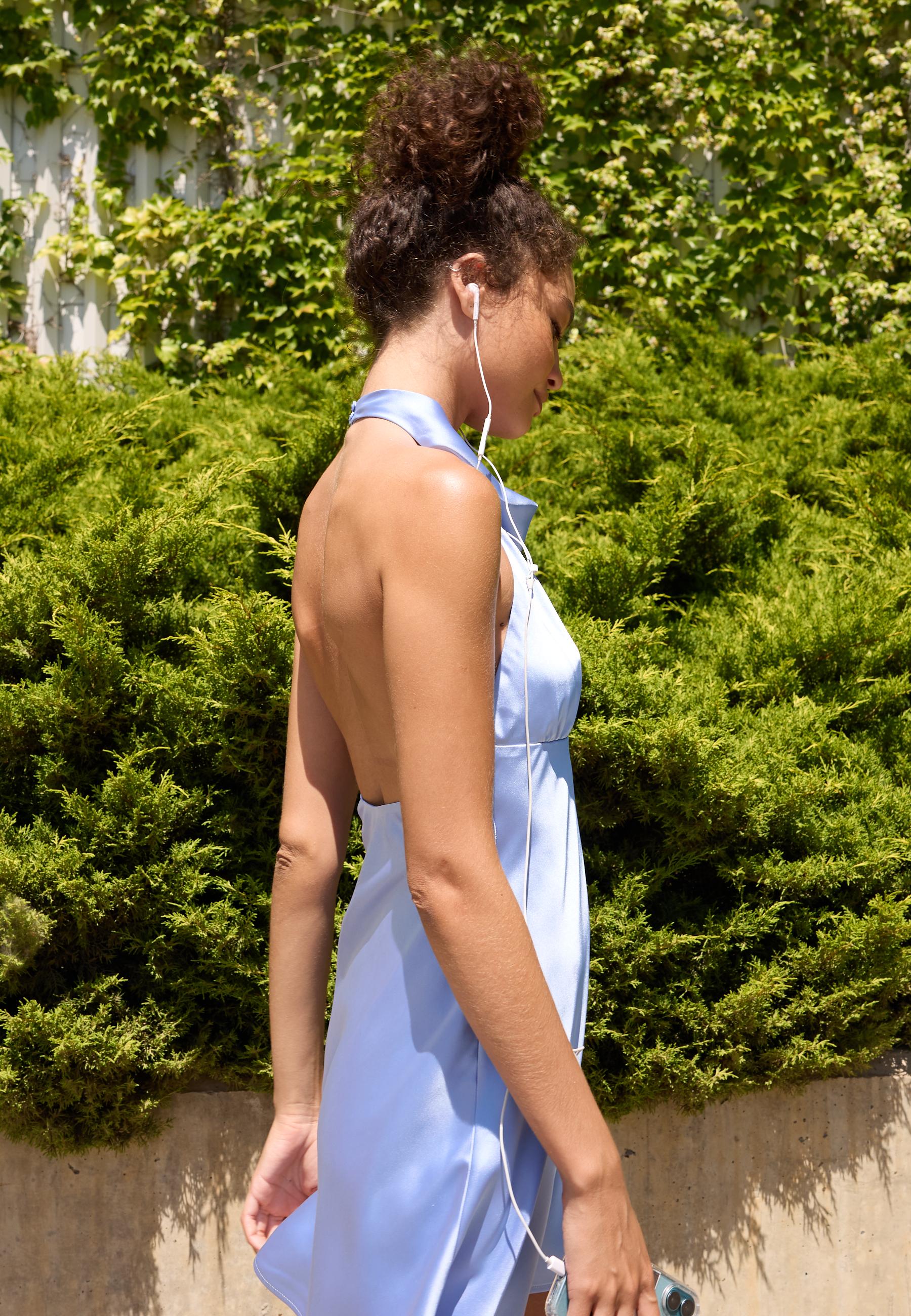 Short satin halterneck dress — Sky blue