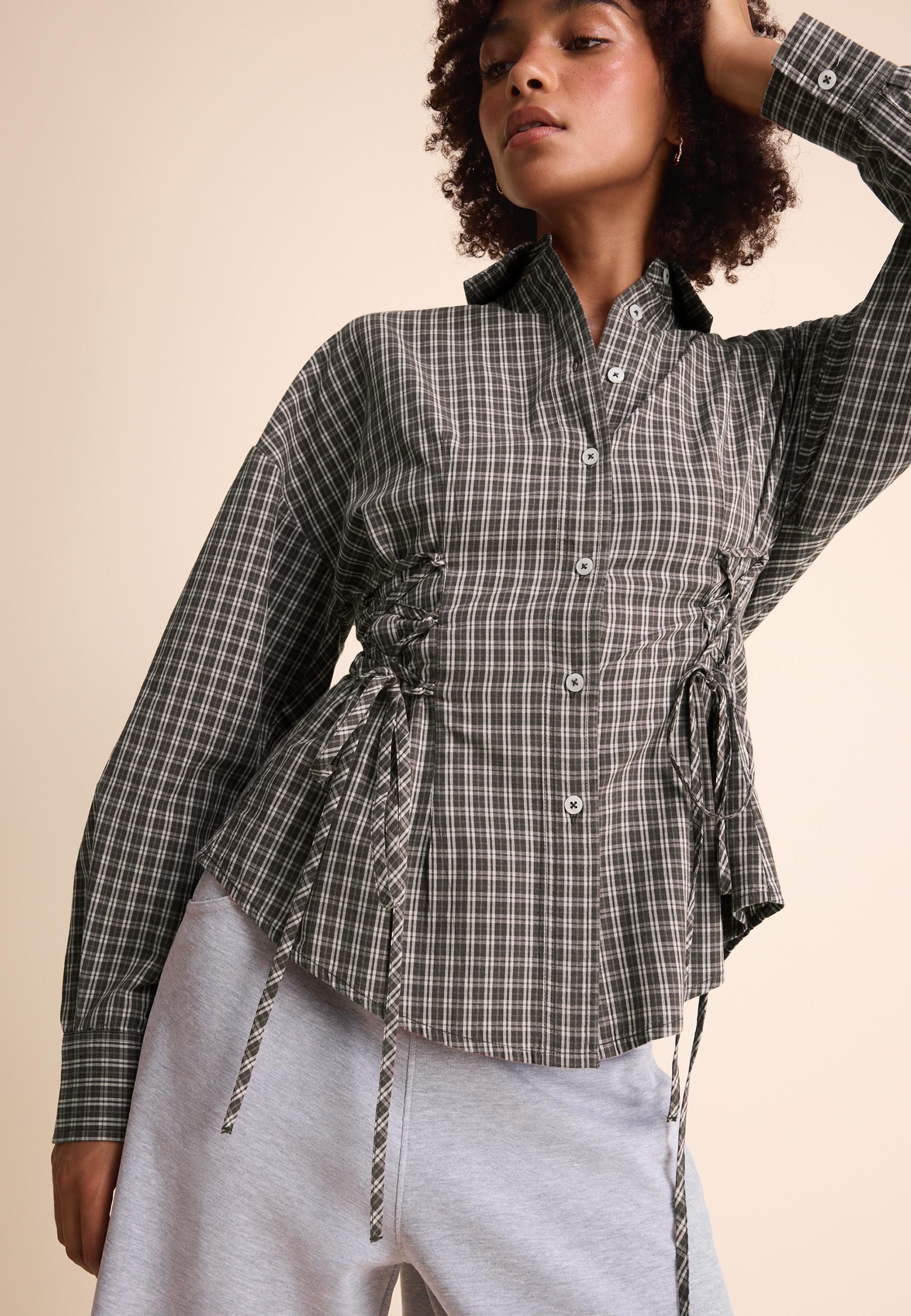 Check shirt with tie detail — Brown