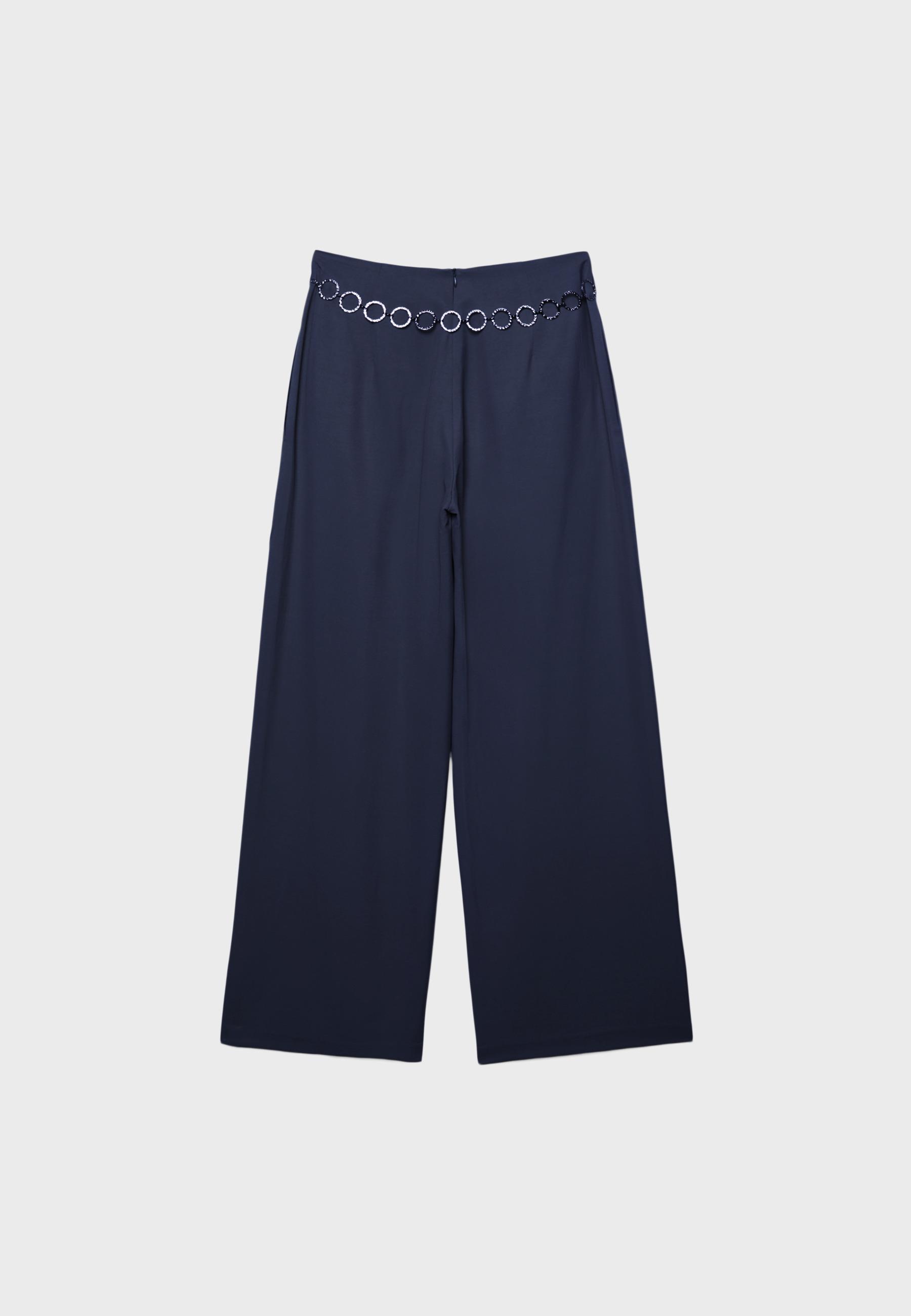Satin darted trousers with chain belt — Navy blue