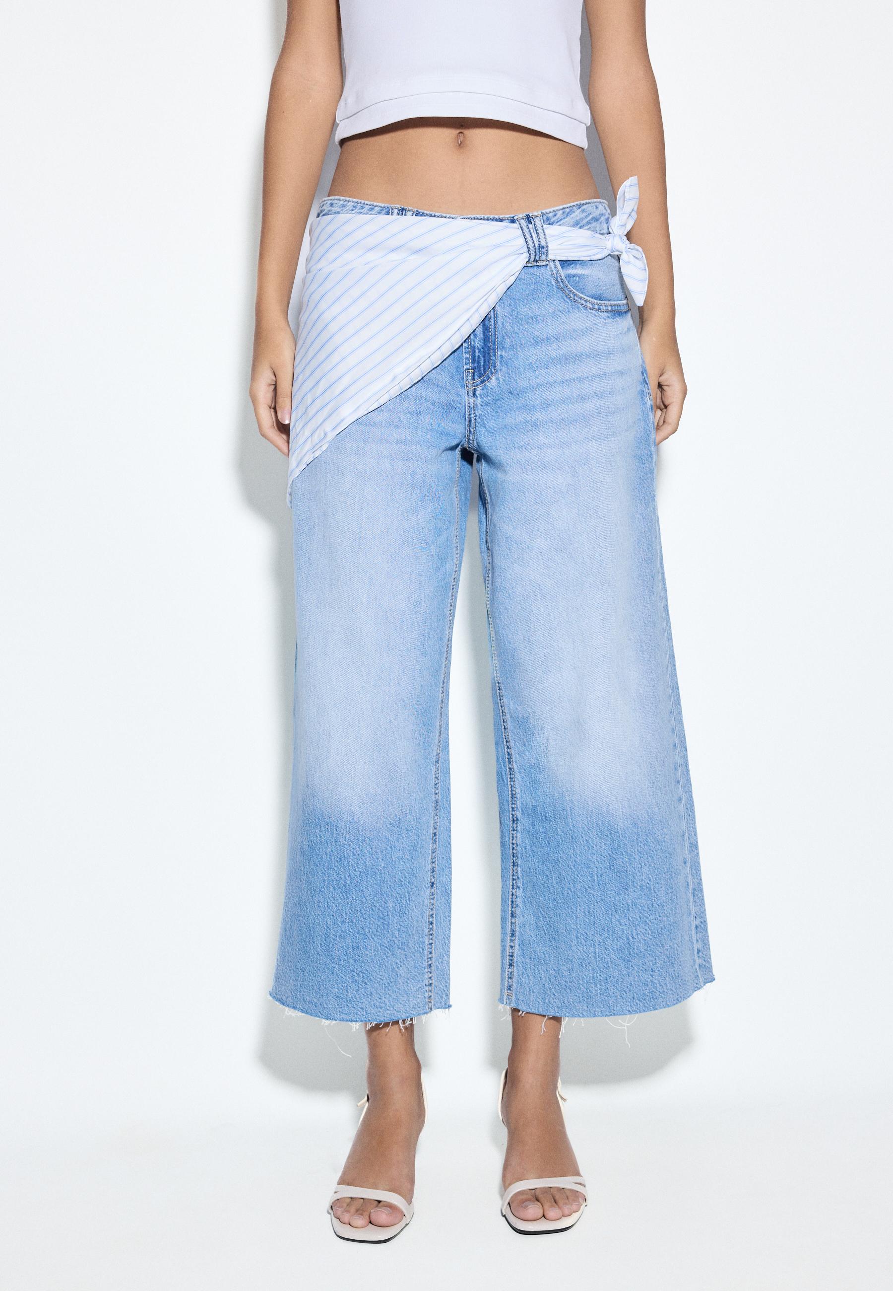 Culotte jeans with scarf detail — MEDIUM BLUE DENIM