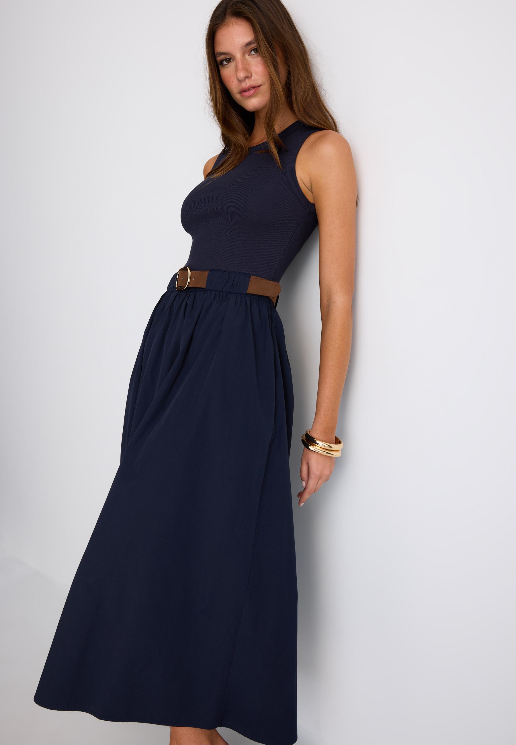 Two-material sleeveless midi dress with belt — Dark blue