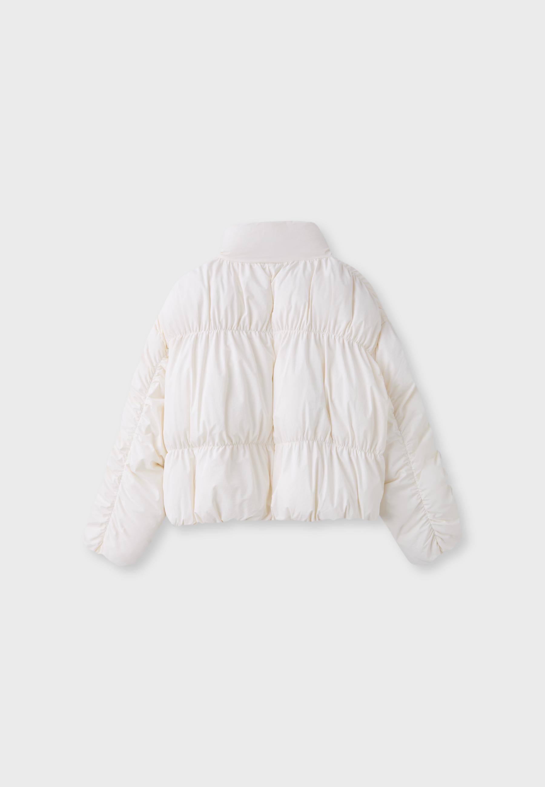 Padded jacket with high neck and gathered detail — Ecru