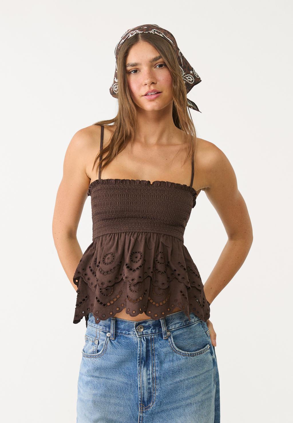 Embroidered ruffled top