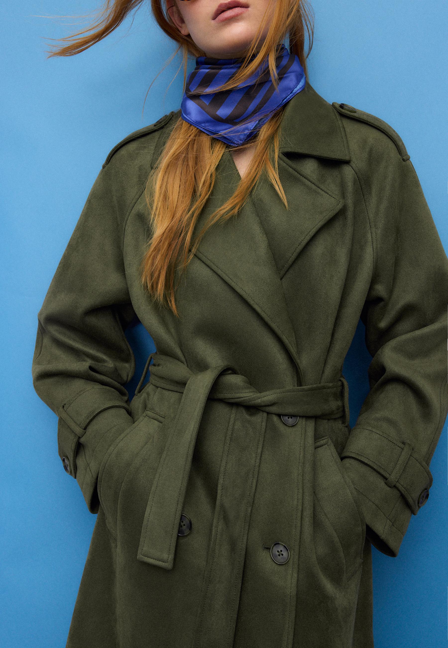 Long faux suede trench coat — Olive green