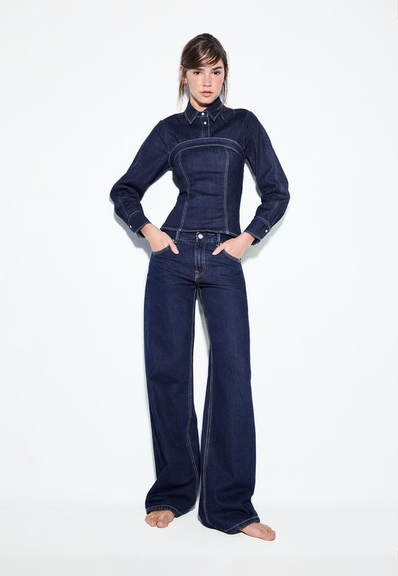 Stradivarius D91 Low Wide-Leg Jeans Overdyed Blue Denim 8