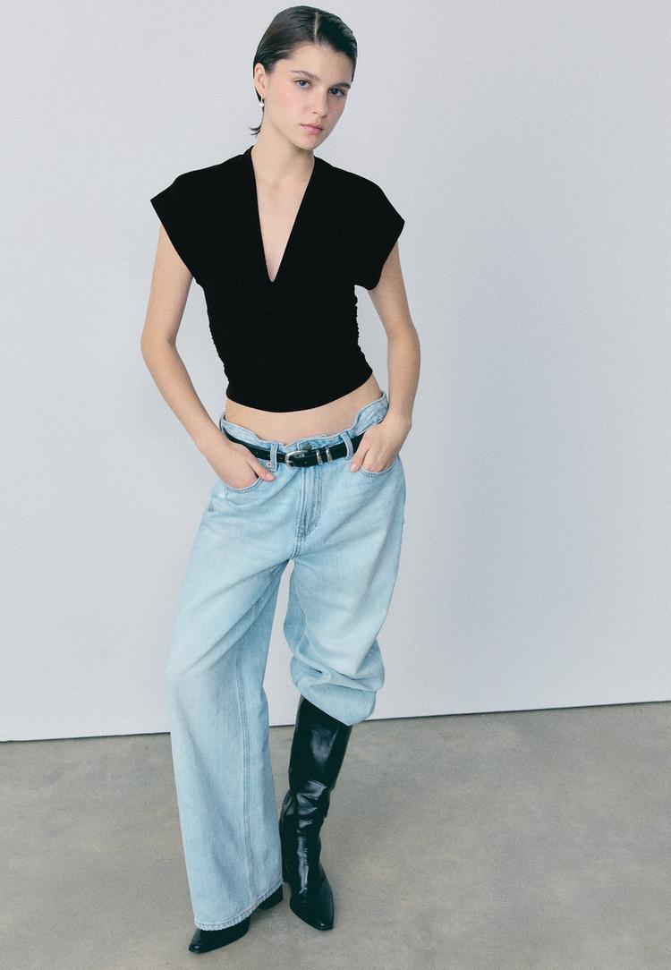 Stradivarius Μπλούζα Με Λαιμόκοψη V Και Ζώνη Μαύρο S