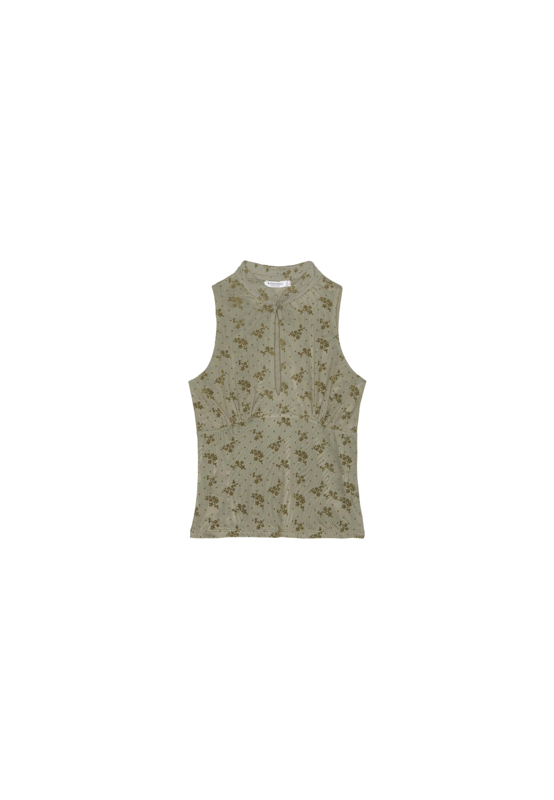 Sleeveless stand collar top with split — Olive green