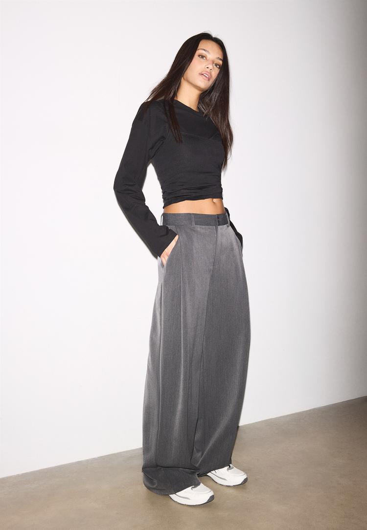 Stradivarius Pantaloni Barrel Eleganți Cu Pense Gri Închis 32