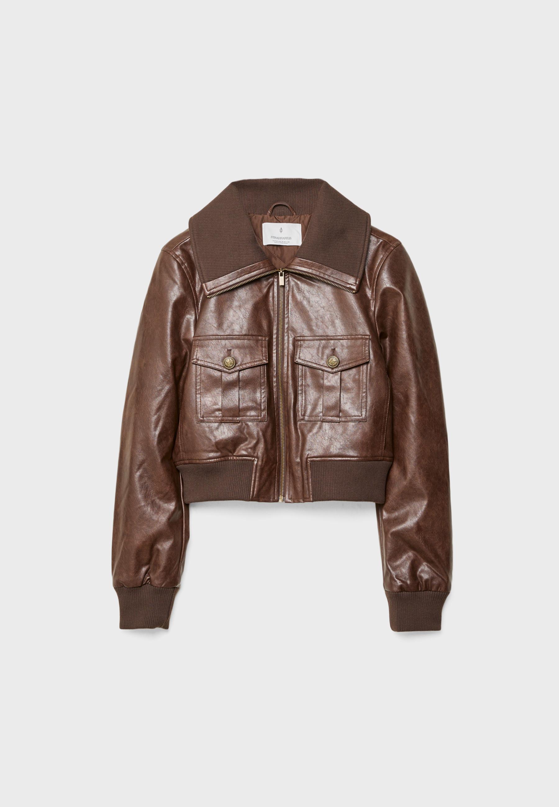 Short leather effect jacket with pockets - Women's fashion