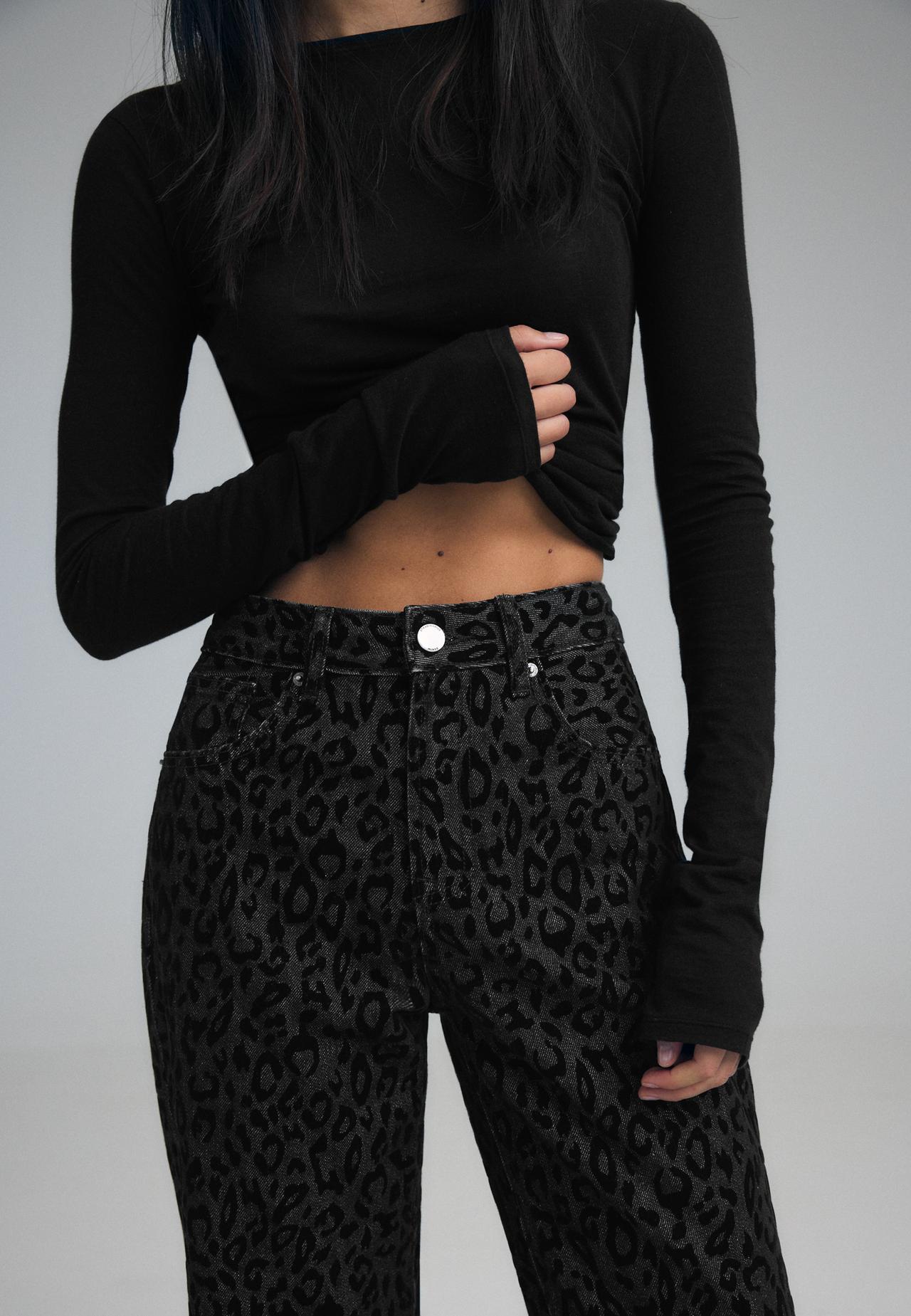 Flocked leopard print jeans — BLACK DENIM WASHED EFFECT