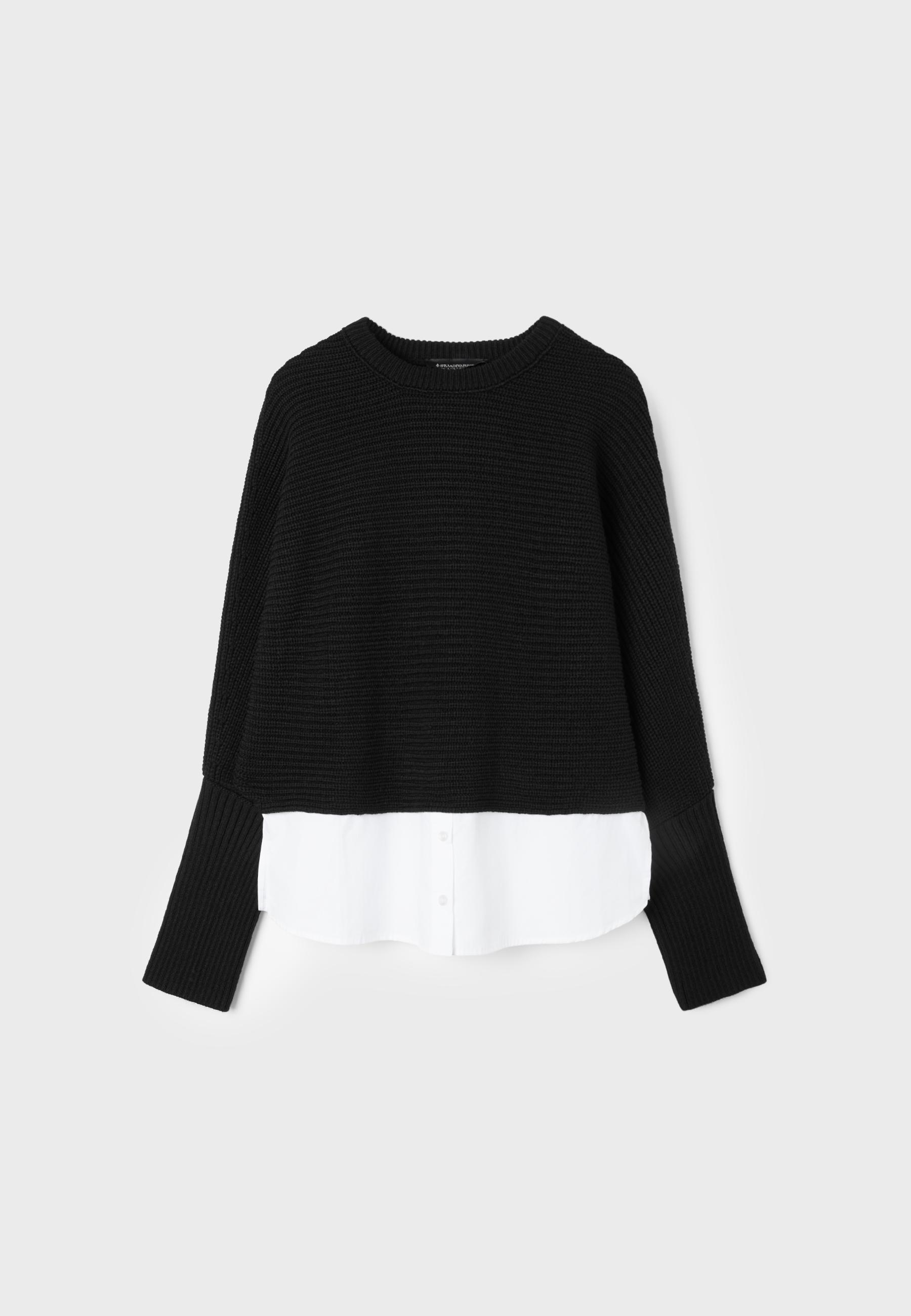 Mixed-fabric batwing knit jumper — Black