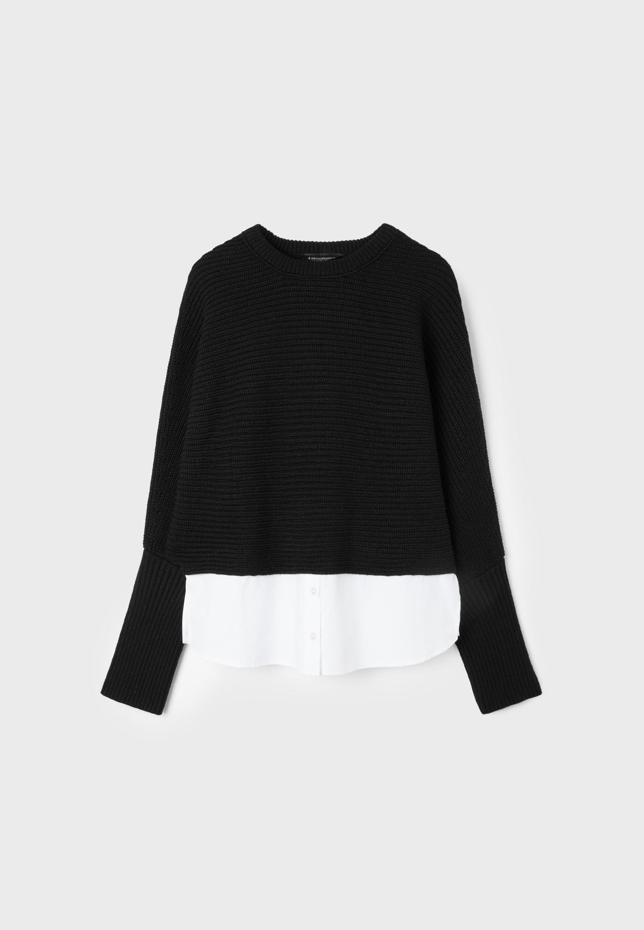 Mixed-fabric batwing sleeve knit jumper — Black