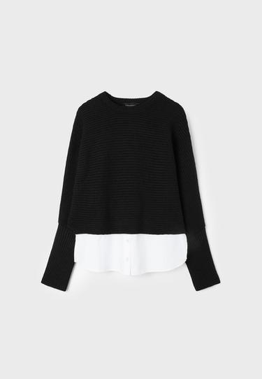 Mixed-fabric batwing sleeve knit jumper — Black 7