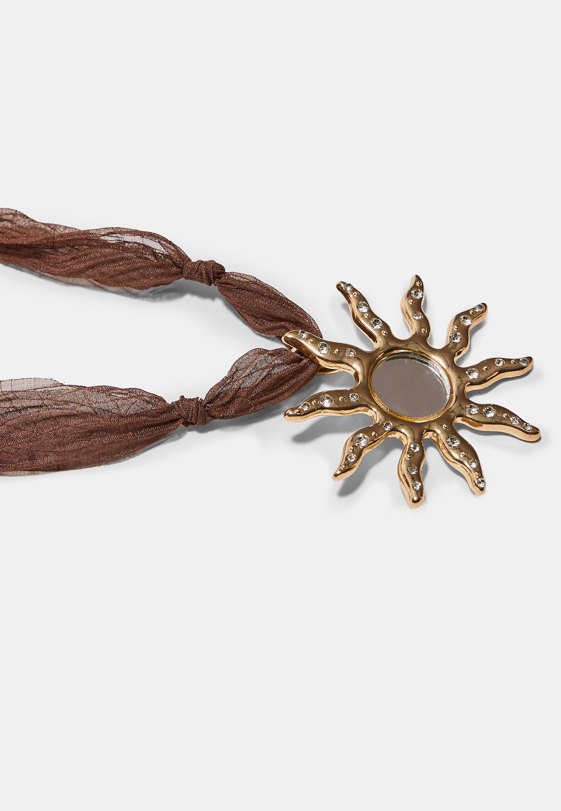 Fabric necklace with mirror-effect sun — Brown