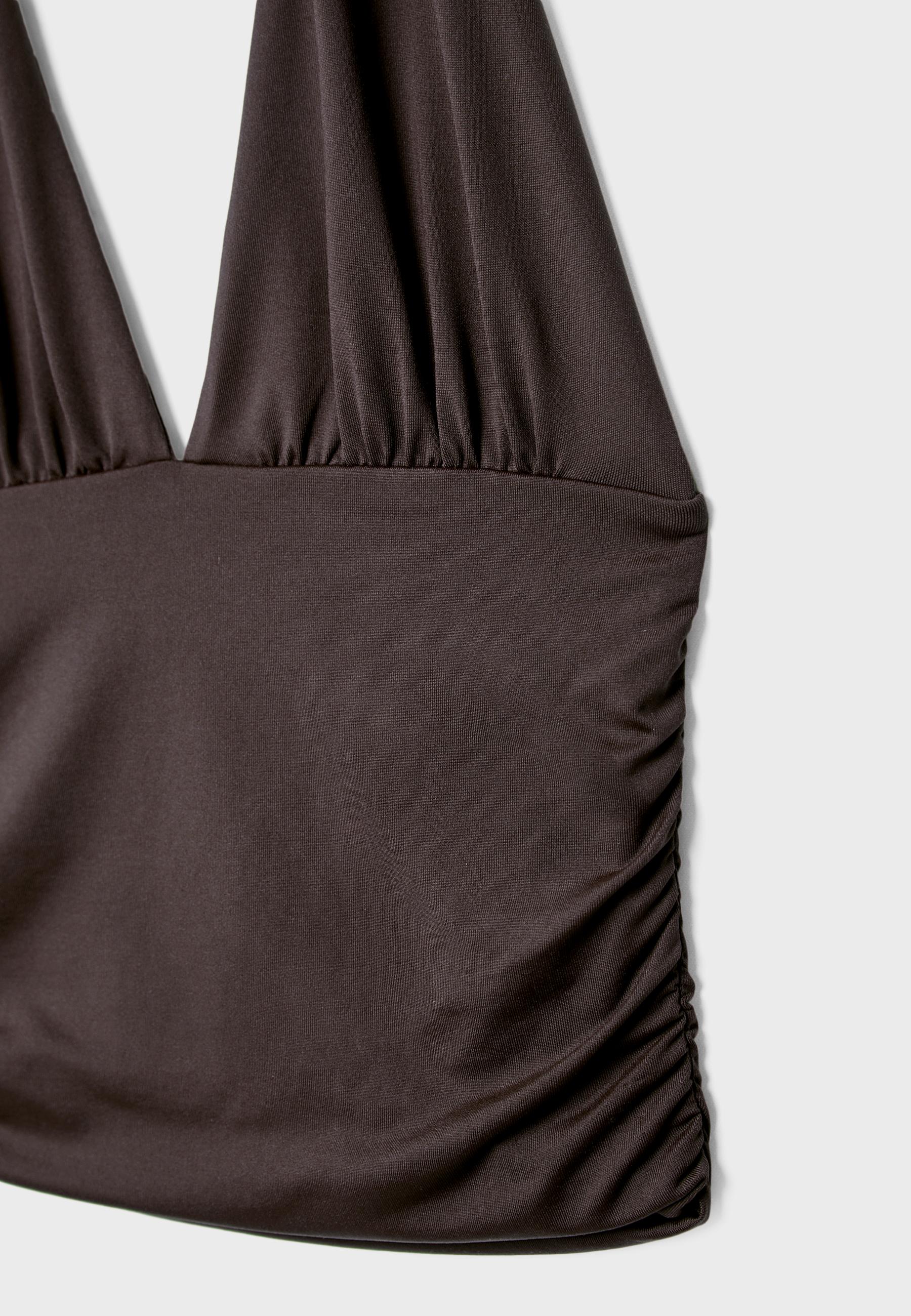 Ruched halter top with neck tie — Brown