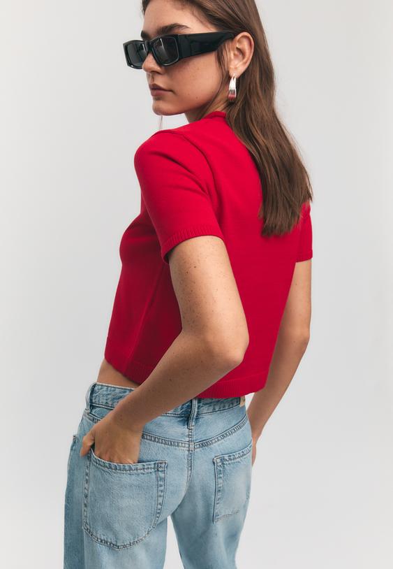 Stradivarius Stand Collar Buttoned Knit Cardigan Red L