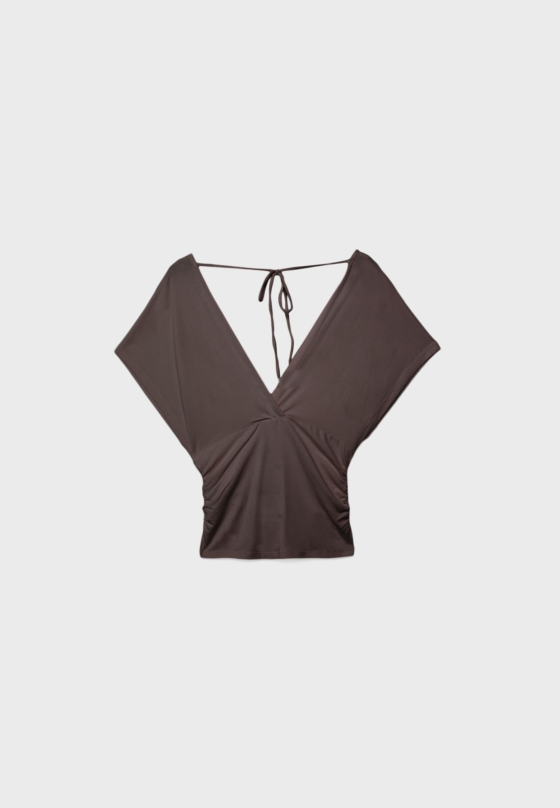 V-neck top with sash — Brown