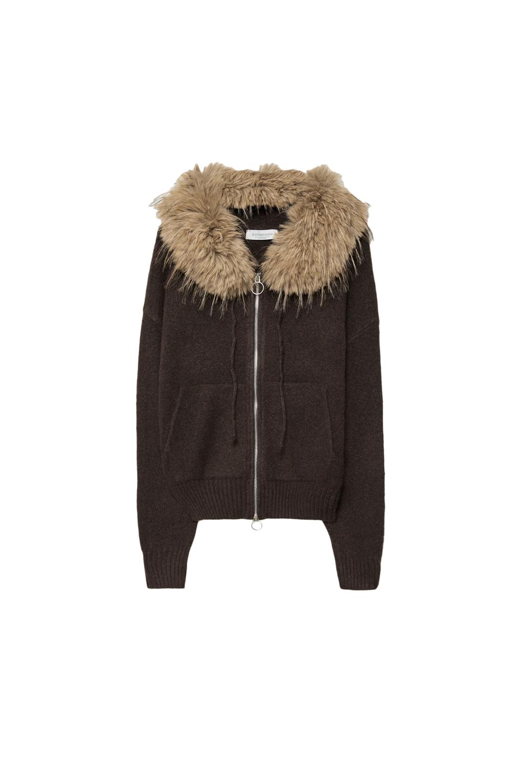 Knit cardigan with faux fur hood