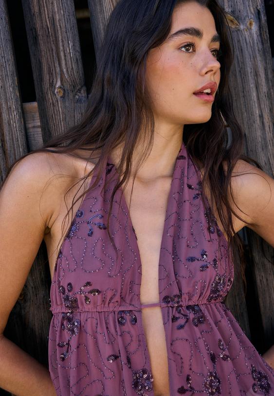 embroidered halter top with rhinestones