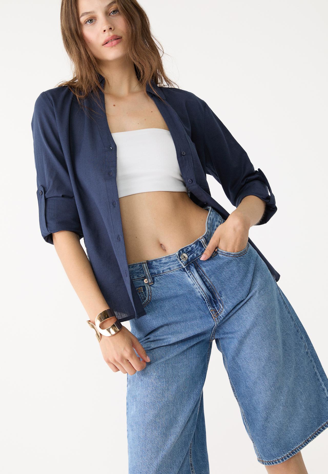 Linen blend shirt with pocket — Navy blue