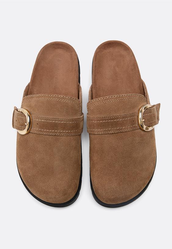 Stradivarius Backless Leather Clogs Beige 7