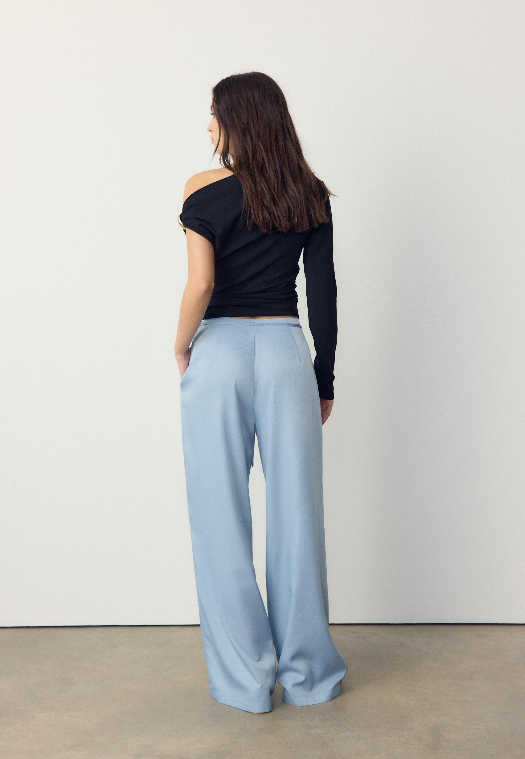 Flowing creased-effect trousers with tie — Sky blue