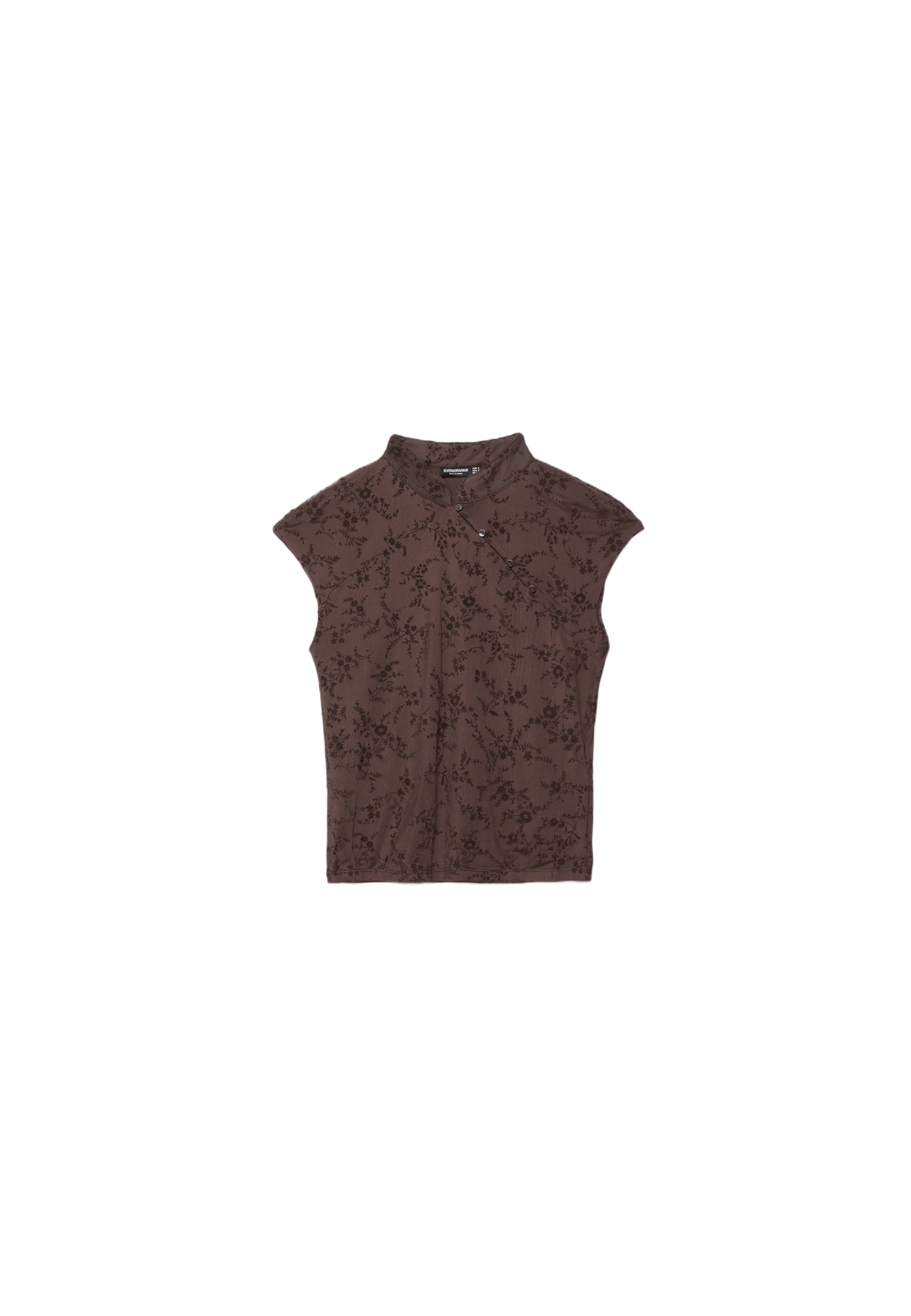 Flocked stand collar T-shirt — Brown