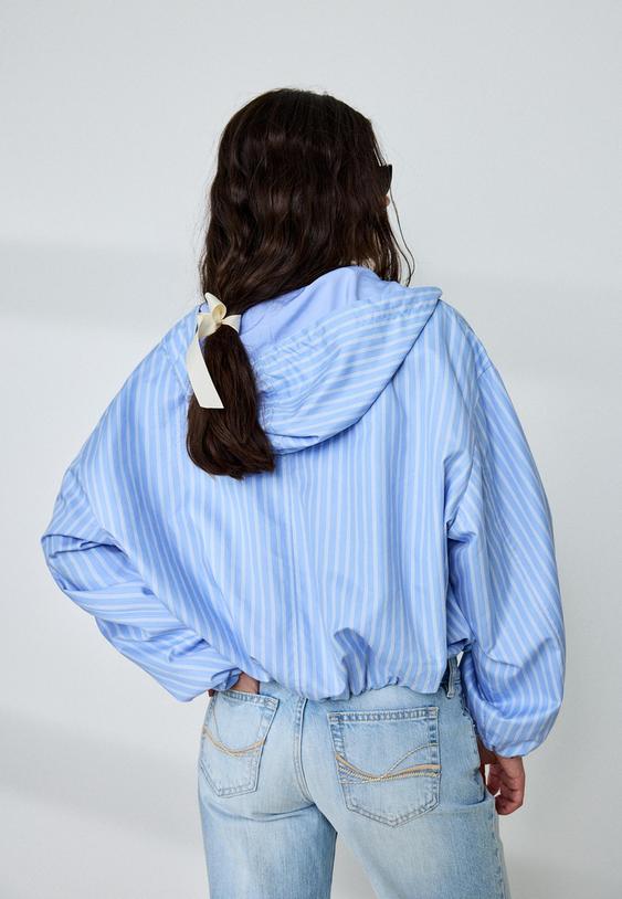 Stradivarius Basic Striped Nylon Hooded Jacket Sky Blue L