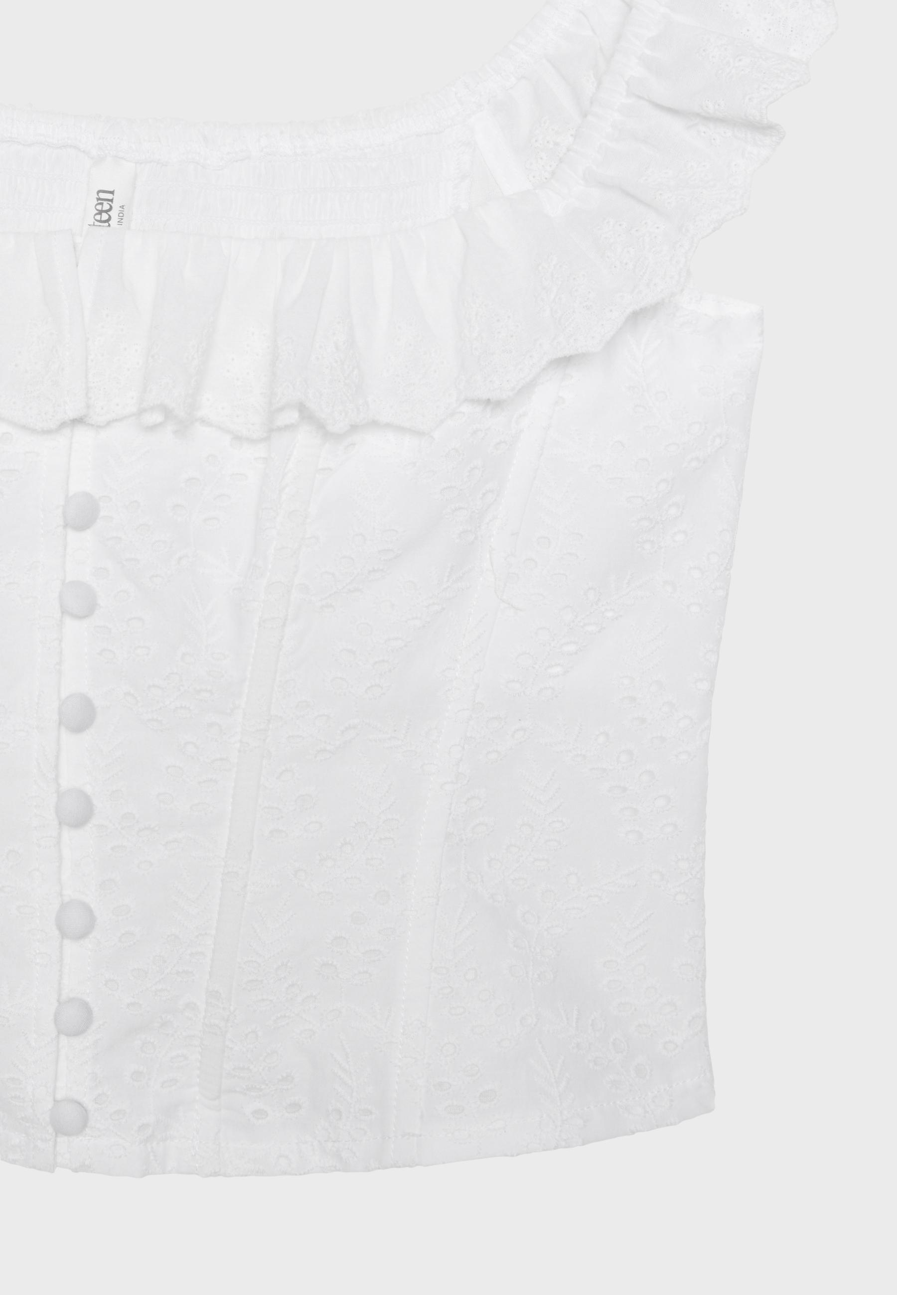 Corsetry-inspired Swiss embroidery top — Ecru