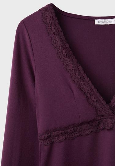 Long sleeve lace V-neck top — Dark purple 9