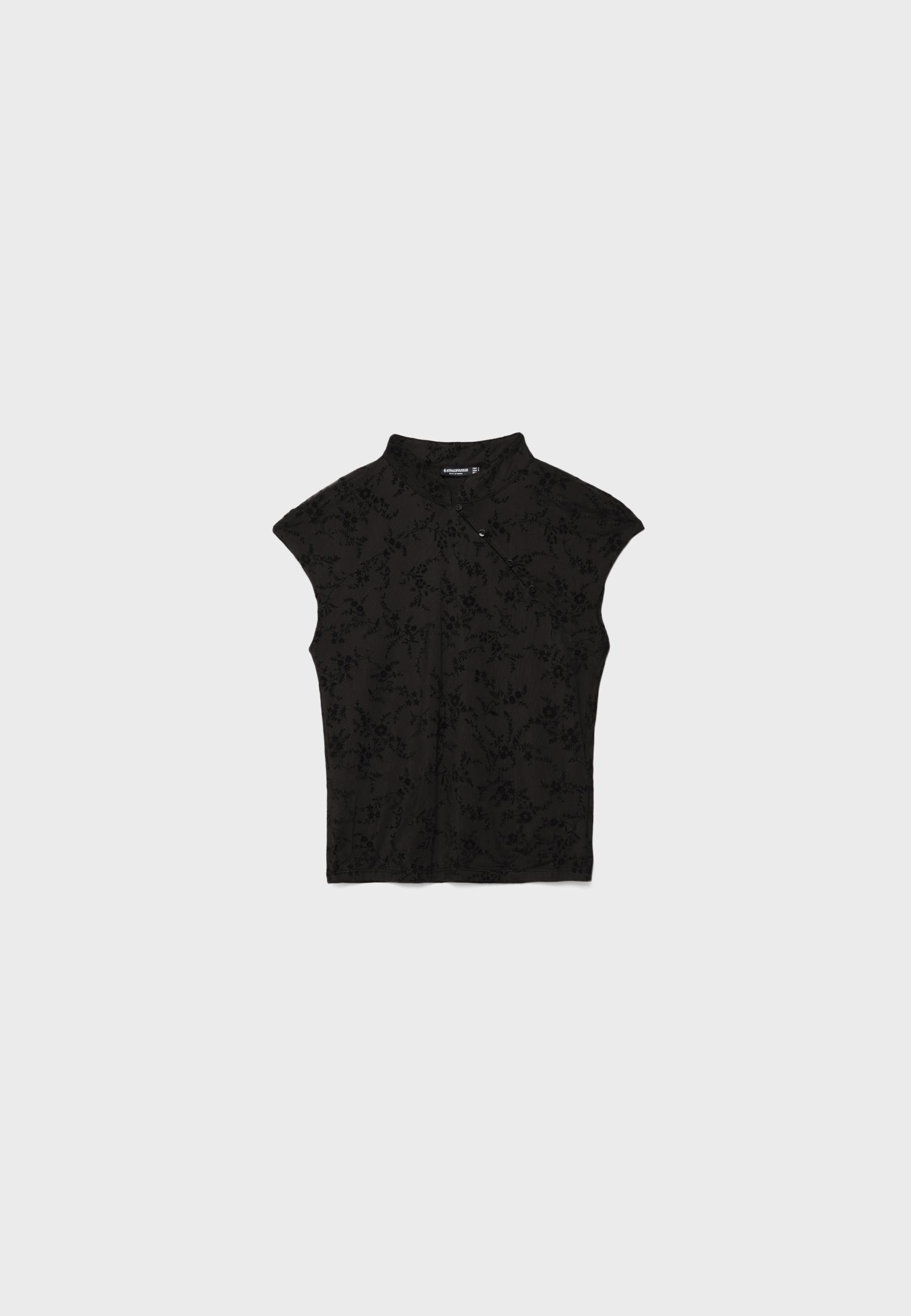 Flocked stand collar T-shirt — Black