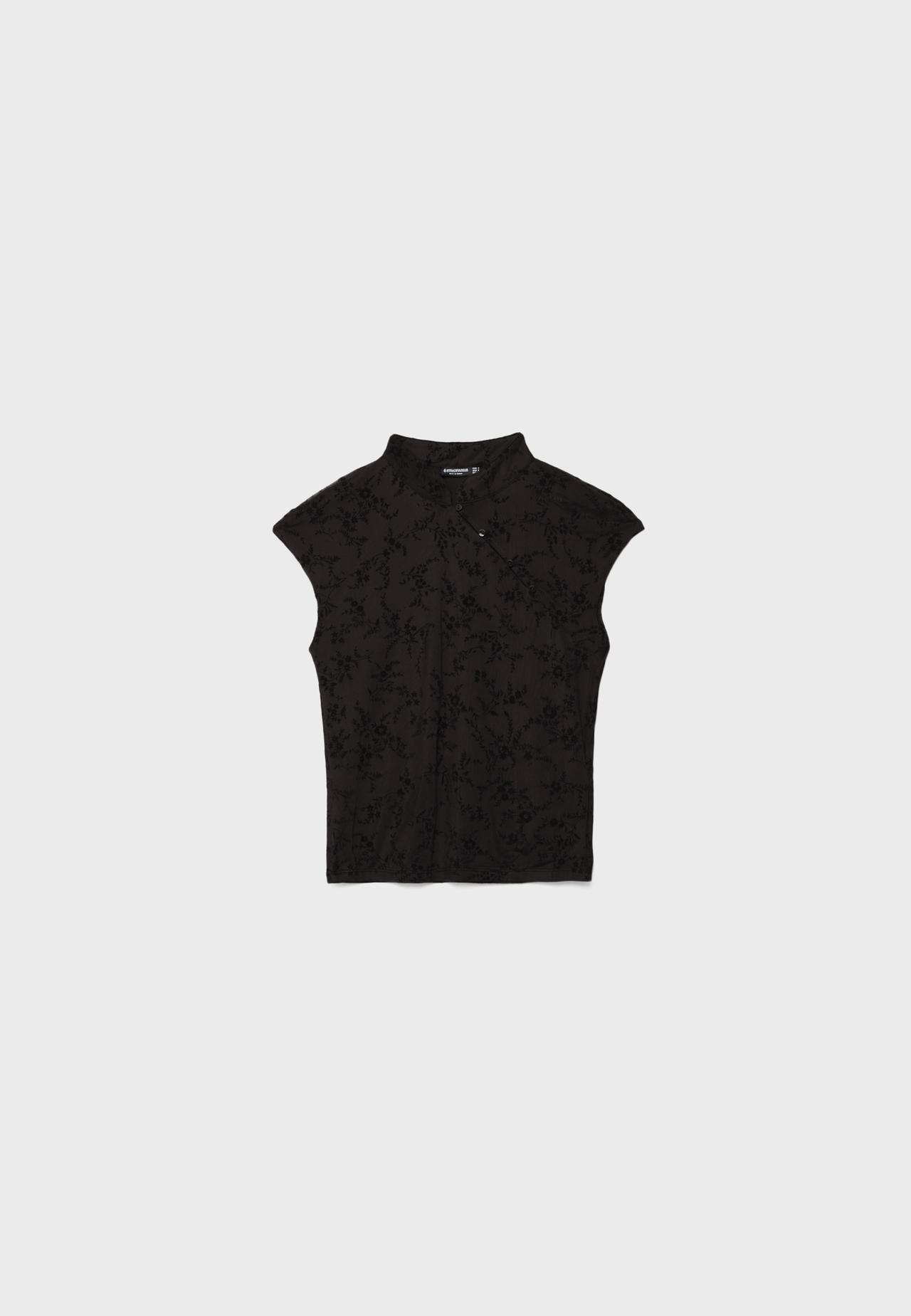 Flocked stand collar T-shirt — Black