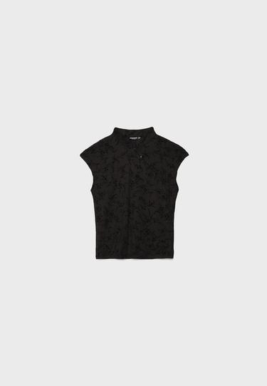Flocked stand collar T-shirt — Black 7